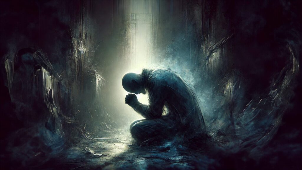 remorso e arrependimento: uma imagem escura, com um homem sentado no chão, ao meio, de cabeça baixa, apoiada nas mãos, em aparente sofrimento. Ao redor dele, uma luz, como inspirando à transformação.